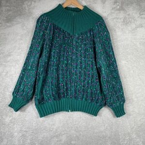 Rochelle Knit Cardigan Womens Small Teal Confetti Chenille Zip Up Vintage 90s